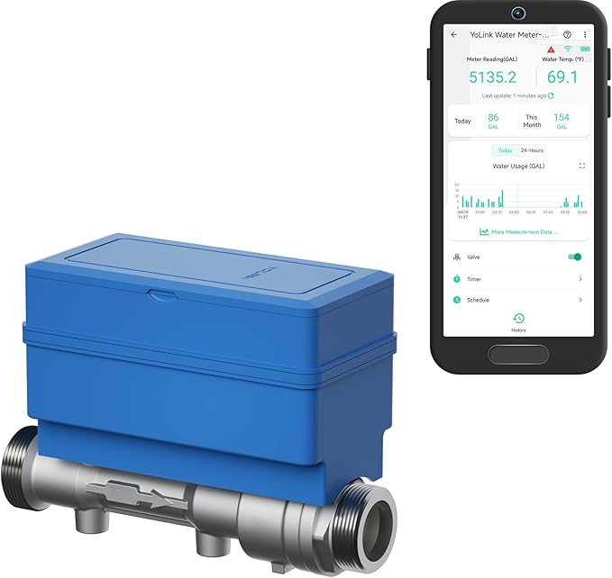 YoLink FlowSmart All-in-One smart water meter and automatic shutoff valve with its companion app